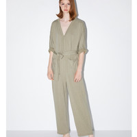 ZARA 女装 V领度假风条纹直筒连体裤 00264652505