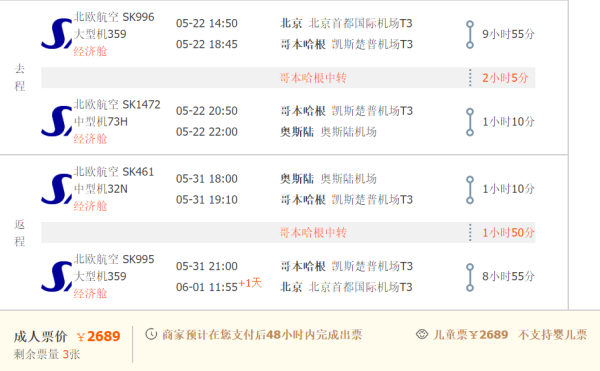 北欧航空非青年票 北京-丹麦/挪威/瑞典机票