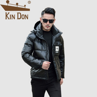 金盾（KIN DON）羽绒服 男2019冬季新款休闲百搭韩版潮流连帽亮面加厚保暖外套 QT2009-8089-2 黑色 L