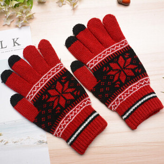 艾可娃（IKEWA）ST001 五指针织手套男女雪花图案秋冬天双层保暖毛线手套 红色