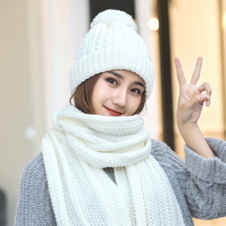 两件套毛线帽保暖帽子女冬韩版甜美保暖针织 女士帽子围巾两件套 白色