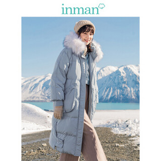 茵曼（INMAN）2019冬季新款毛领连帽防风插袋长款加厚羽绒服外套女 18941|21030 蓝色 XL