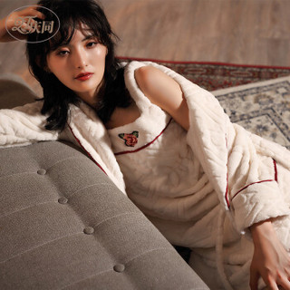 庆同 (QingTong) 珊瑚绒睡衣女冬季法兰绒性感加厚加长大码睡袍睡裙两件套 3376138 白色 M