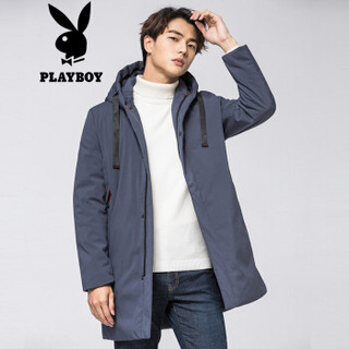 花花公子 PLAYBOY 羽绒服男2019冬季中长款白鸭绒加厚休闲外套 68880087 灰色 180/2XL