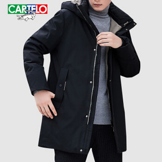 卡帝乐鳄鱼(CARTELO)羽绒服男中长款2019冬季新品男士时尚修身连帽保暖防寒男装外套 黑色 XL