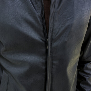 富贵鸟(FUGUINIAO)皮夹克男装秋季韩版修身休闲外套时尚简约纯色立领皮衣男 黑色 XL