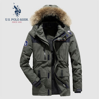 U.S. POLO ASSN. 羽绒服男 2019冬季新品男士可卸连帽中长款加厚衣服白鸭绒保暖外套 6194117032 军绿色 L