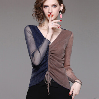 她池女装2019秋装新款打底衫v领拼接撞色长袖网纱透视时尚性感小衫