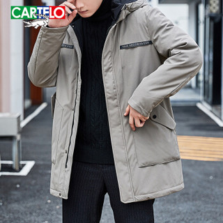 卡帝乐鳄鱼(CARTELO)羽绒服男加厚中长款2019冬季新品男士连帽保暖外套上衣 卡其 M