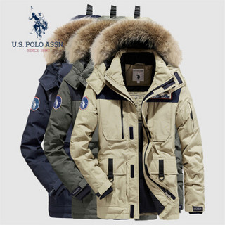 U.S. POLO ASSN. 羽绒服男 2019冬季新品男士可卸连帽中长款加厚衣服白鸭绒保暖外套 6194117032 黑蓝色 2XL