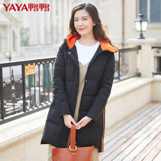 鸭鸭（YAYA）羽绒服女中长款连帽韩版修身时尚女装外套 B-57666 军绿 155