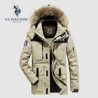 U.S. POLO ASSN. 羽绒服男 2019冬季新品男士可卸连帽中长款加厚衣服白鸭绒保暖外套 6194117032 卡其色 2XL