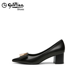 金利来（goldlion）女鞋尖头粗中跟个性金属扣浅口工作单鞋62693007001P-黑色-38码