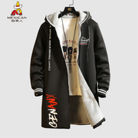 稻草人(MEXICAN)风衣男2019年冬季新款韩版休闲加绒加厚保暖中长款连帽外套时尚印花夹克 黑色 2XL