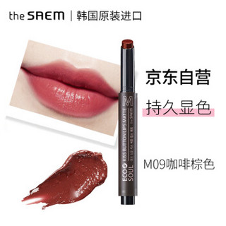 得鲜 the saem 爱可按钮唇膏 韩国原装进口 姨妈豆沙色哑光口红09#咖啡棕色2g（持久保湿 防水不脱色）