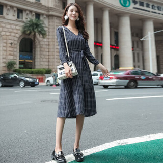 JOY OF JOY 京东女装2019秋季新款韩版连衣裙女收腰显瘦气质格子裙子女潮 JWQZ198452 藏青色 M