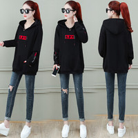 AUDDE 2019秋冬季新款女装新品卫衣女矮小个子中长款宽松慵懒外套长袖连帽衫潮 HZ1048-5022 黑色 L