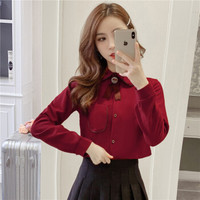 瑜珏（YuJue）加绒加厚翻领蝴蝶结洋气上衣 2019冬季新品韩版百搭bf学院风灯芯绒长袖衬衣女 MPFY9368 红色 M