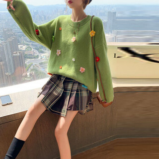 薇图（vitto）女装 2019新款慵懒风宽松套头毛衣韩版学院风针织衫SWml068VT 绿色 均码