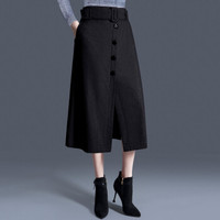 她池2019秋装新款女装韩版高腰纯色A版下摆前开叉气质半身裙 T83Z2072A10M 黑色 M