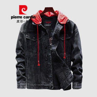 皮尔卡丹pierre cardin 夹克男2019秋季新款时尚百搭牛仔外套舒适连帽可拆刺绣上衣EPXD8106 黑色 L码