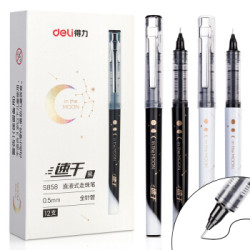 得力 流年星辰系列直液笔签字笔 0.5mm全针管学生中性笔 水笔走珠笔 黑色 12支/盒S858