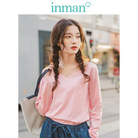 茵曼（INMAN）2019秋季新款弹性棉纯色简约百搭气质优雅一字领T恤女 18930|21298 藕粉色 L