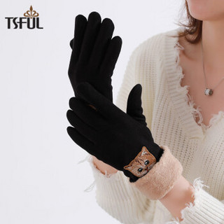 Tsful 手套女冬季可爱韩版加绒加厚保暖分指户外骑行运动女士手套 A5525D猫咪五指黑色
