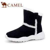 骆驼（CAMEL） 女士 简约舒适牛反绒厚底圆头雪地靴 A94275663 黑色 36