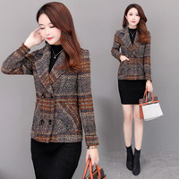 沫欣 毛呢大衣女2019冬季新品女装格子西装领通勤休闲毛呢外套小香风洋气短款呢子大衣 KKWH3113 咖啡色 L