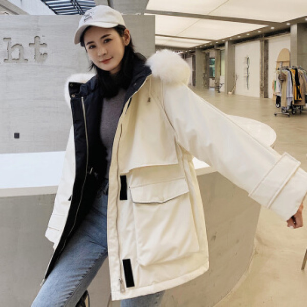 小清新中长款真毛领白鸭绒加厚韩版保暖外套派克服 yzxmr2034 白色 l