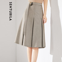 尚都比拉高腰百褶半身裙女2019秋季女装新品简约A字裙通勤OL裙子 193Q1626218 浅咖色 L