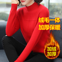 尚格帛 毛衣2019秋冬新品女装时尚加绒加厚短款半高领一体绒修身针织打底衫内搭上衣潮 ywDHA008 中国红 XL