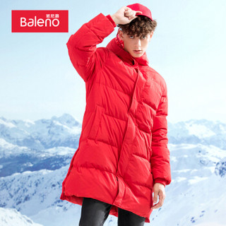 班尼路 Baleno 长羽绒服男 2019冬季新款中长款羽绒服男纯色冬季加厚保暖外套 39R 火红色 S