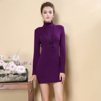 仙丫 2019秋冬季新品女装针织衫女中长款毛衣中长款高领抽条女毛衣百搭修身毛衫 GZHB9991080 紫罗兰 XXL