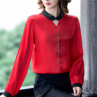 瑜珏（YuJue）正装衬衣 2019秋装新款女长袖韩版宽松立领雪纺上衣洋气正装衬衫 HYJY8811 红色 3XL