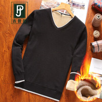 吉普盾毛衣男装韩版休闲V领加绒毛衣打底衫百搭纯色针织衫 黑色 XL