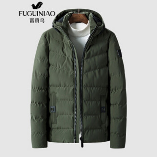 富贵鸟(FUGUINIAO)棉服男装2019秋冬新款棉袄青年时尚连帽纯色棉服保暖棉衣外套 绿色 2XL