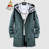 稻草人(MEXICAN)风衣男中长款连帽2019秋冬新款夹克男潮流百搭青年衣服时尚印花工装大衣外套男装 军绿 3XL