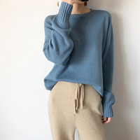 仙丫 2019秋冬季新品女装针织衫女圆领毛衣套头宽松慵懒风韩版针织衫纯色外套 GZHB9992024 雾霾蓝 XL
