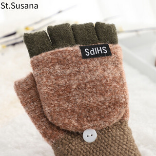 圣苏萨娜手套女冬季保暖韩版时尚可爱学生露指半指翻盖毛线手套SSN889 棕色
