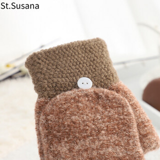 圣苏萨娜手套女冬季保暖韩版时尚可爱学生露指半指翻盖毛线手套SSN889 棕色