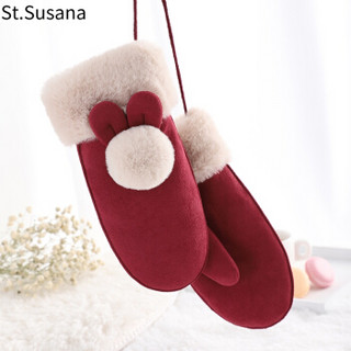 圣苏萨娜手套女冬保暖加绒加厚防风闷子可爱韩版时尚兔耳朵连指手套SSN867 红色
