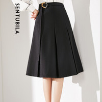尚都比拉高腰百褶半身裙女2019秋季女装新品简约A字裙通勤OL裙子 193Q1626218 黑色 XL