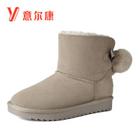 意尔康女鞋简约雪地靴女平底学生短靴女蝴蝶结女棉鞋 9763DM27466W 米白 36