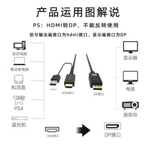 捷顺（JASUN ）HDMI to DisplayPort公对公 3米 支持4K HDMI转DP线 笔记本台式机接显示器电视连接线JS-HD001