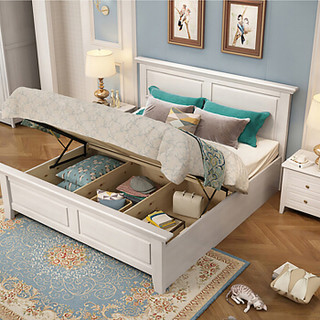 摩高空间高箱床储物床新中式实木床双人床轻奢简美婚床卧室收纳大床1.8米
