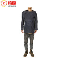 焊工防护装备牛皮防烫电焊工作服耐高温防辐射围裙加厚防护连体衣黑蓝色拼接带皮无领长袖85厘米