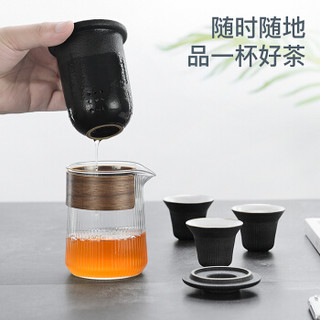 佳佰 旅行茶具便携功夫茶具套装快客杯含茶叶罐 玻璃茶壶陶瓷茶杯旅游茶具便捷包 简约白