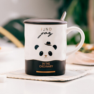 佳佰 带盖带勺陶瓷马克杯 办公室水杯咖啡杯茶杯牛奶杯麦片杯 双色杯-熊猫